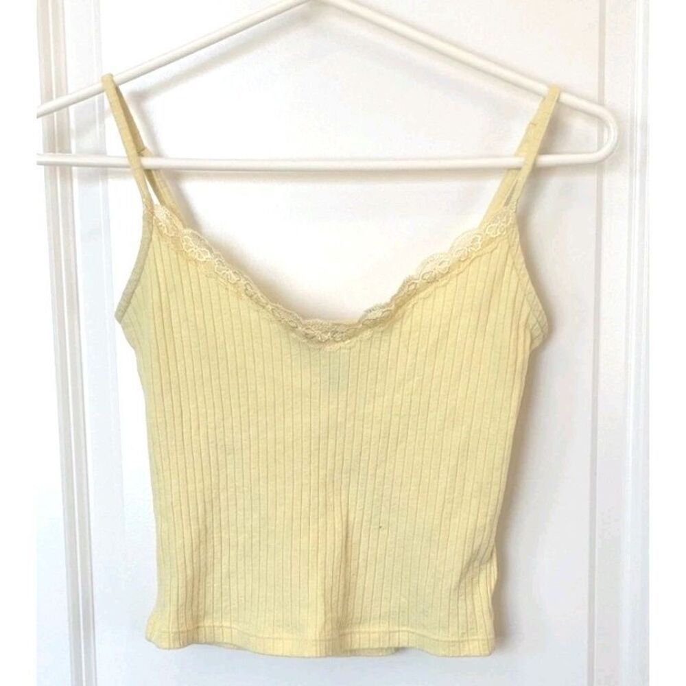 HM Divided Yellow Tank Top Cropped Cami Size S Ribbed Lace Trim Adjustable Strap